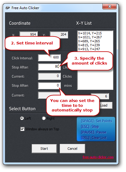 Set the Time interval in Free Auto Clicker