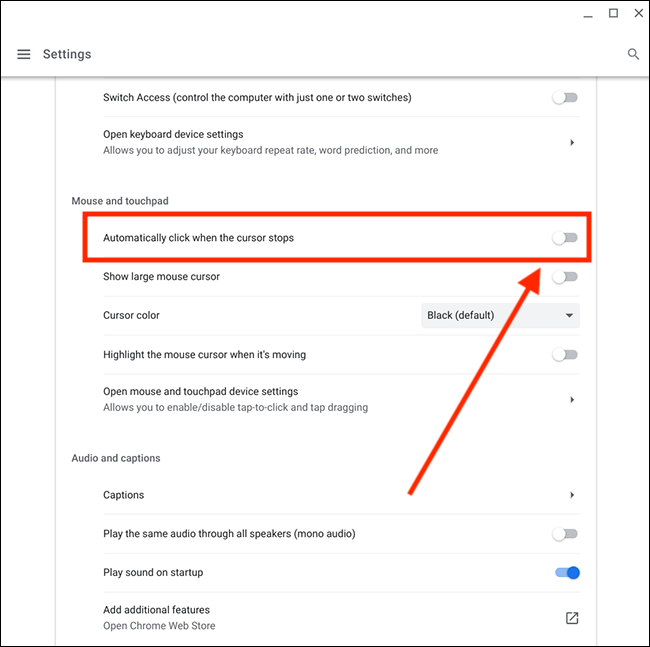 Select Automatically click when the mouse pointer stops on the Chromebook